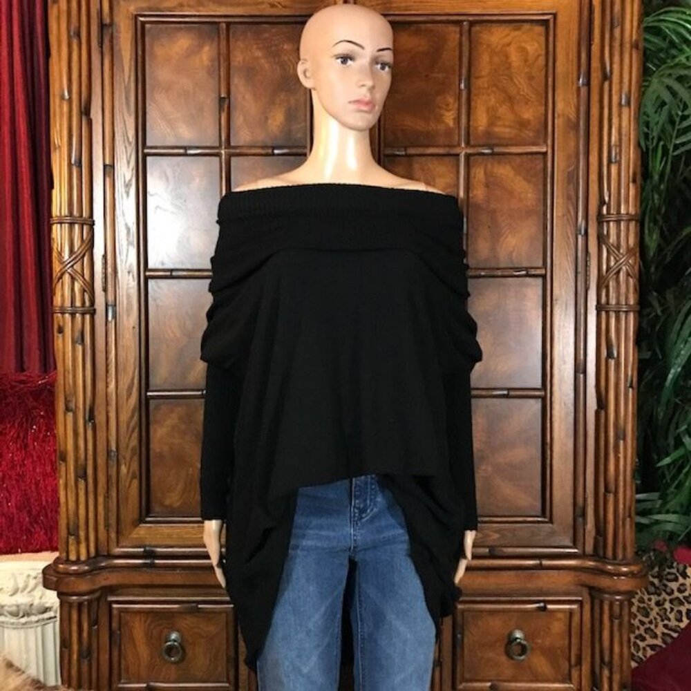 Black On/Off Shoulder Dolman Sleeve Ribbed Neck Sleeve Sweater